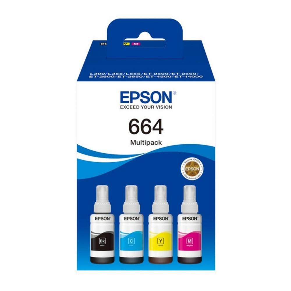 Pack de 4 Botellas de Tinta Epson T664 EcoTank, Negro/Cian/Magenta/Amarillo