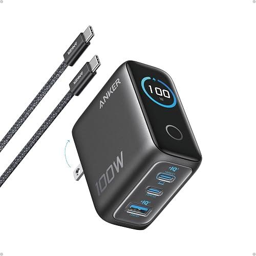 Cargador de Pared Anker 100W GaN de 3 Puertos con Pantalla Inteligente Space Black