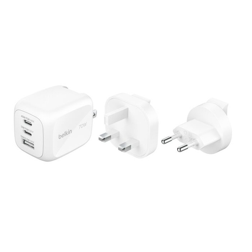 [WCH018fqWH] Cargador de Pared Belkin GaN 70W USB-C/A con Adaptadores para Viaje