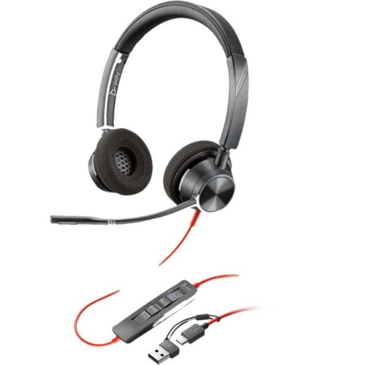 [8X220AA] Audífonos Blackwire 3320 Alámbricos USB-C + Adaptador USB-A con Micrófono Negro